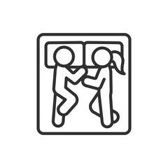 Co-sleeping. Comfortable and sleeping together, linear icon. People lying on a bed. Dream. Man and woman, top view. Line with editable stroke