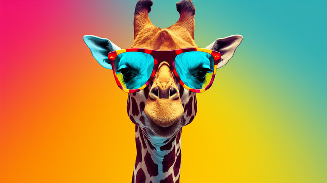 Portrait of a Giraffe in a bright coloring glasses.Generative AI