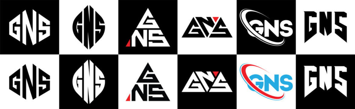 GNS letter logo design in six style. GNS polygon, circle, triangle, hexagon, flat and simple style with black and white color variation letter logo set in one artboard. GNS minimalist and classic logo