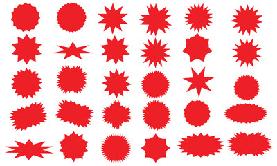 Set of red price sticker, sale or discount sticker, sunburst badges icon. Stars shape with different number of rays. Special offer price tag. Stars shape Red starburst promotional badge  - obrazy, fototapety, plakaty
