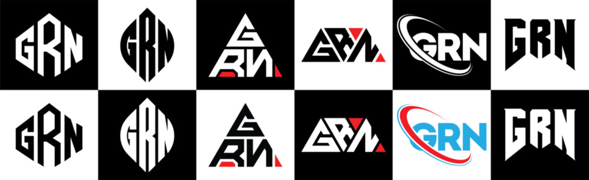 GRN letter logo design in six style. GRN polygon, circle, triangle, hexagon, flat and simple style with black and white color variation letter logo set in one artboard. GRN minimalist and classic logo