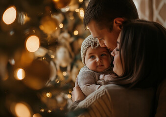 Photo family with baby daughter by the christmas tree, daylight