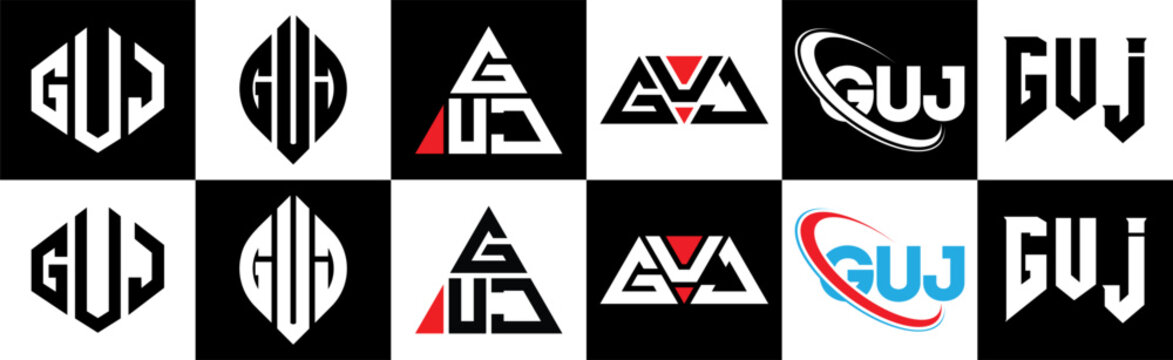 GUJ letter logo design in six style. GUJ polygon, circle, triangle, hexagon, flat and simple style with black and white color variation letter logo set in one artboard. GUJ minimalist and classic logo