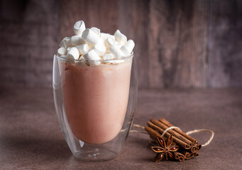 Sweet homemade cocoa drink or traditional hot chocolate decorated with marshmallow topping served...