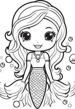 happy mermaid cute outline coloring page illustration