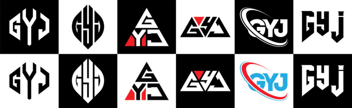 GYJ letter logo design in six style. GYJ polygon, circle, triangle, hexagon, flat and simple style with black and white color variation letter logo set in one artboard. GYJ minimalist and classic logo