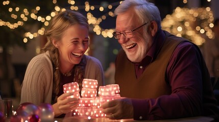An elderly man and woman laugh cheerfully and hold candles in their hands.