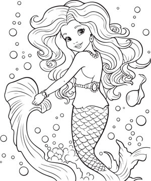 happy mermaid cute outline coloring page illustration