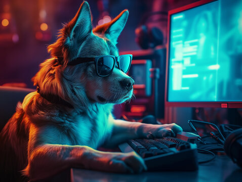 Hacker dog working with computer	