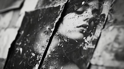 Fragmented Elegance: A Weathered Portrait in Monochrome