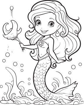 happy mermaid cute outline coloring page illustration
