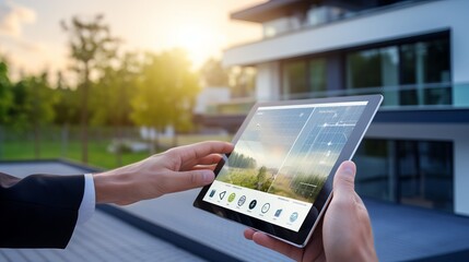 A young man with a tablet in his hands. Smart home technology management.
