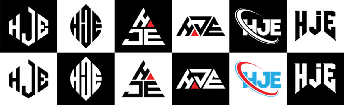 HJE letter logo design in six style. HJE polygon, circle, triangle, hexagon, flat and simple style with black and white color variation letter logo set in one artboard. HJE minimalist and classic logo