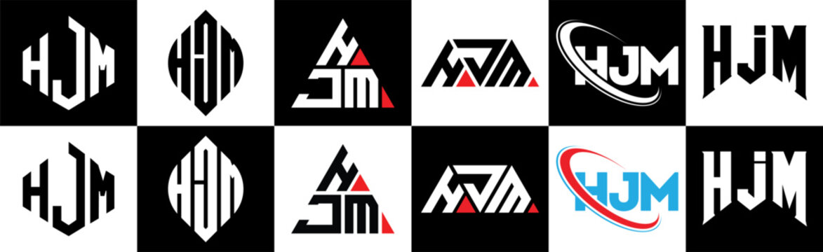 HJM letter logo design in six style. HJM polygon, circle, triangle, hexagon, flat and simple style with black and white color variation letter logo set in one artboard. HJM minimalist and classic logo