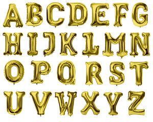 Letters of alphabet made with foil gold birthday balloons