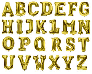 Letters of alphabet made with foil gold birthday balloons