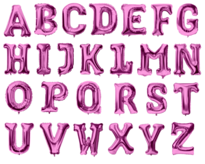 Letters of alphabet made with foil pink birthday balloons