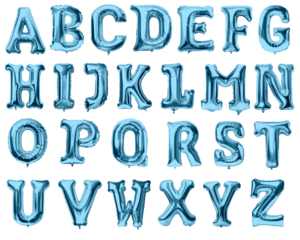 Letters of alphabet made with foil blue birthday balloons