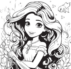 happy mermaid cute outline coloring page illustration