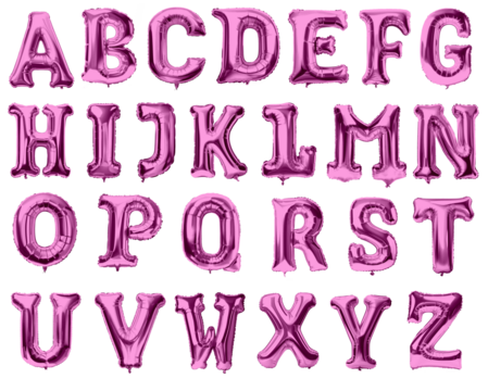 Letters of alphabet made with foil pink birthday balloons