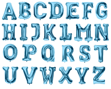 Letters of alphabet made with foil blue birthday balloons