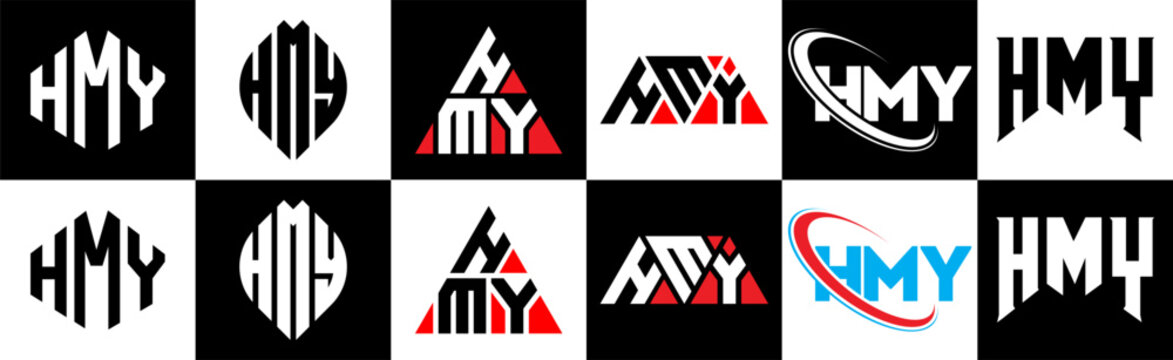 HMY letter logo design in six style. HMY polygon, circle, triangle, hexagon, flat and simple style with black and white color variation letter logo set in one artboard. HMY minimalist and classic logo
