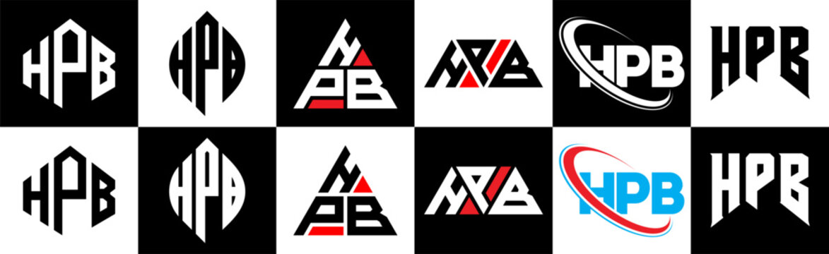 HPB letter logo design in six style. HPB polygon, circle, triangle, hexagon, flat and simple style with black and white color variation letter logo set in one artboard. HPB minimalist and classic logo
