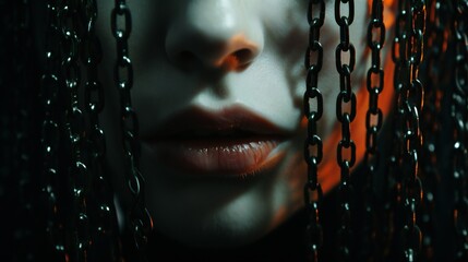 A close-up of a woman's face with delicate chains, symbolizing the constraints imposed by anxiety and depressive tendencies - obrazy, fototapety, plakaty
