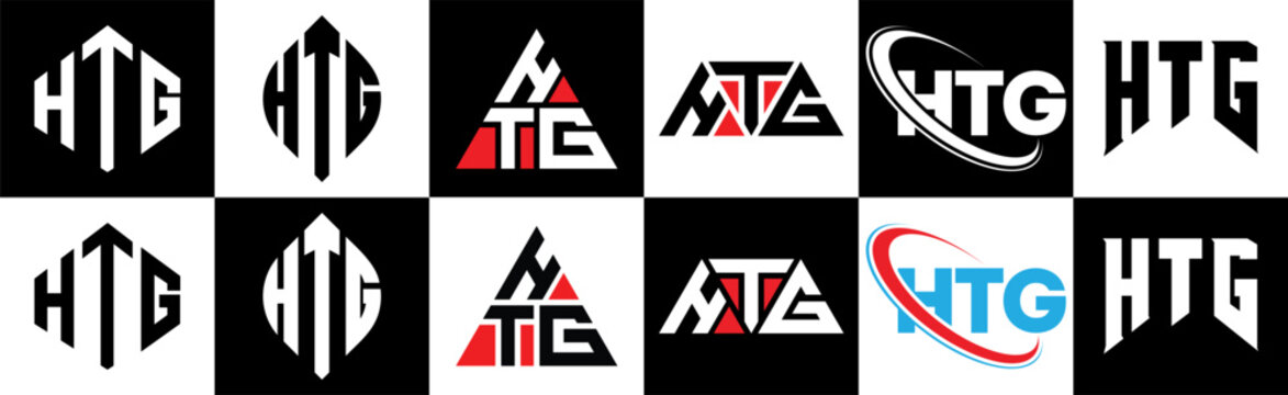HTG letter logo design in six style. HTG polygon, circle, triangle, hexagon, flat and simple style with black and white color variation letter logo set in one artboard. HTG minimalist and classic logo