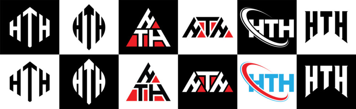 HTH letter logo design in six style. HTH polygon, circle, triangle, hexagon, flat and simple style with black and white color variation letter logo set in one artboard. HTH minimalist and classic logo