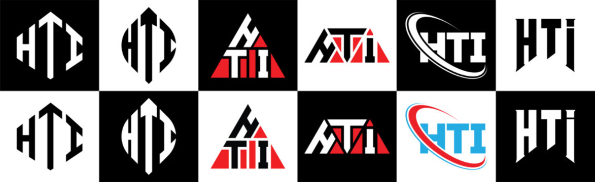 HTI letter logo design in six style. HTI polygon, circle, triangle, hexagon, flat and simple style with black and white color variation letter logo set in one artboard. HTI minimalist and classic logo