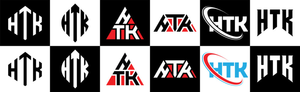 HTK letter logo design in six style. HTK polygon, circle, triangle, hexagon, flat and simple style with black and white color variation letter logo set in one artboard. HTK minimalist and classic logo