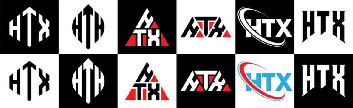 HTX letter logo design in six style. HTX polygon, circle, triangle, hexagon, flat and simple style with black and white color variation letter logo set in one artboard. HTX minimalist and classic logo