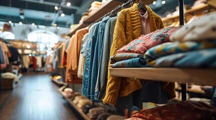 A store with racks of clothes and sweaters on shelves, AI