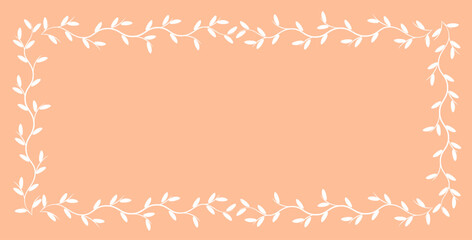 Spring template. Rectangular vintage frame from white branch on Peach Fuzz color background. Summer banner. Lush Foliage. Copy space. Ad backdrop. Greeting card. Invitation. Border from leaves.
