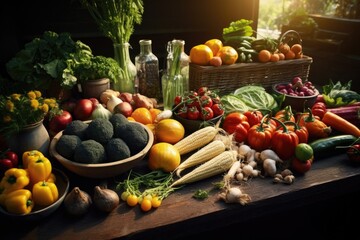 Bountiful and diverse display of fresh vegetables on a rustic wooden table