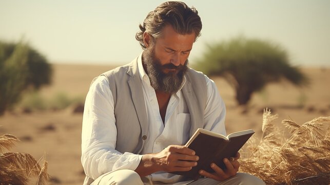 A young man with a beard against the background of a lonely tree, in the sun, reads a book.