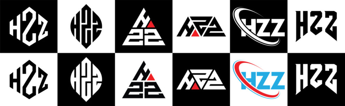 HZZ letter logo design in six style. HZZ polygon, circle, triangle, hexagon, flat and simple style with black and white color variation letter logo set in one artboard. HZZ minimalist and classic logo