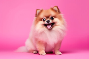 Fototapeta na wymiar Cute Pomeranian dog on a pink background. Studio photo