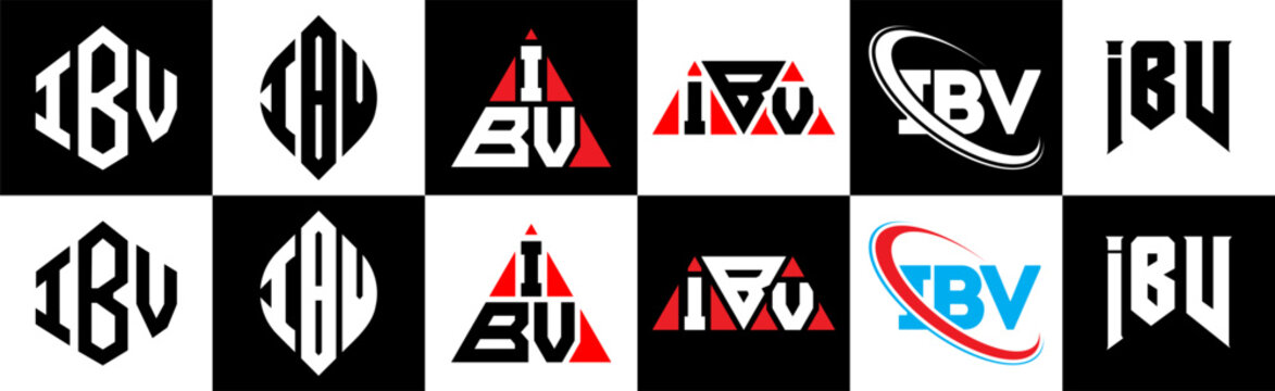 IBV letter logo design in six style. IBV polygon, circle, triangle, hexagon, flat and simple style with black and white color variation letter logo set in one artboard. IBV minimalist and classic logo