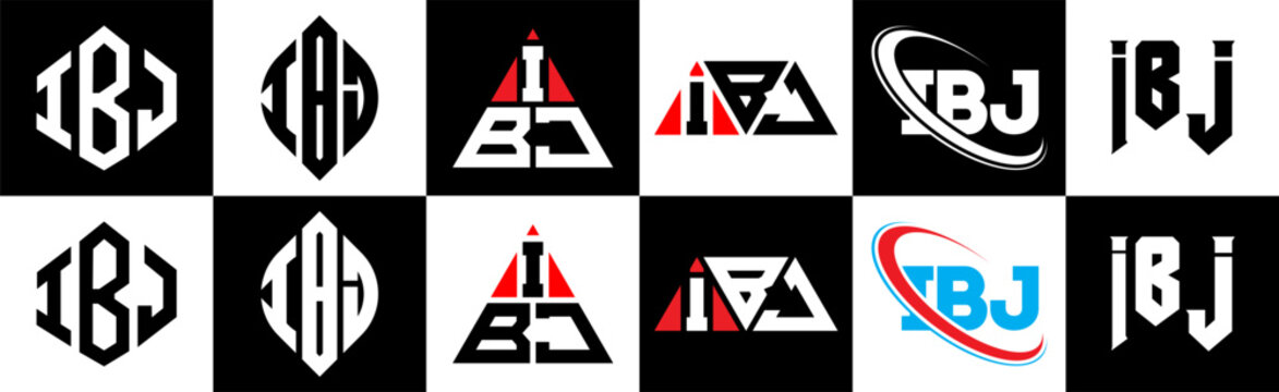 IBJ letter logo design in six style. IBJ polygon, circle, triangle, hexagon, flat and simple style with black and white color variation letter logo set in one artboard. IBJ minimalist and classic logo