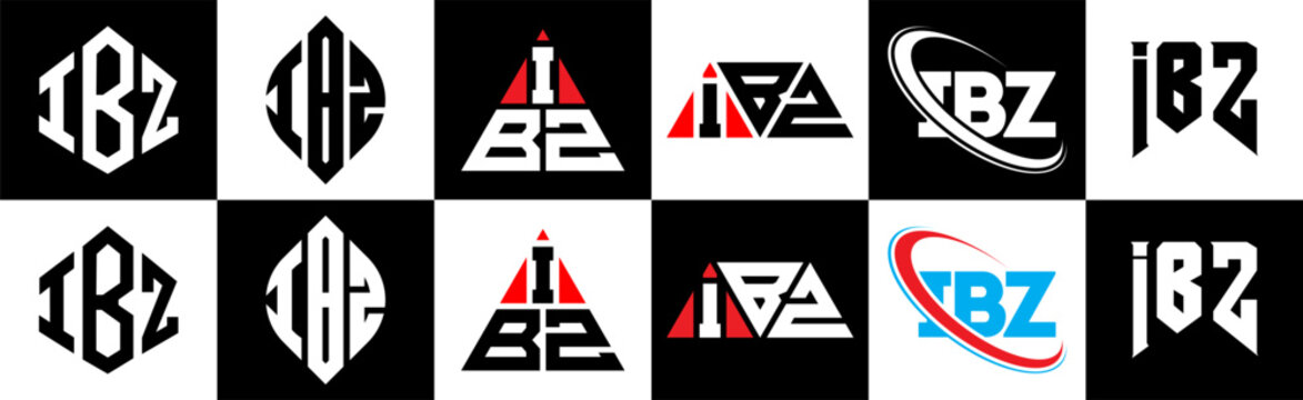 IBZ letter logo design in six style. IBZ polygon, circle, triangle, hexagon, flat and simple style with black and white color variation letter logo set in one artboard. IBZ minimalist and classic logo