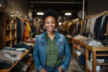 Portrait of a young smiling woman in the clothing store