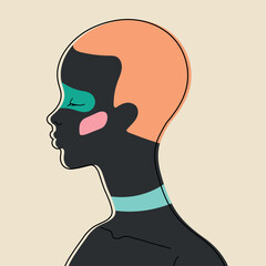 Female profile silhouette with closed eyes and colored shapes on face and neck. Vector illustration