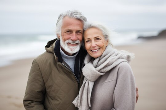 Portrait of a happy senior couple on the beach at winter - Powered by Adobe