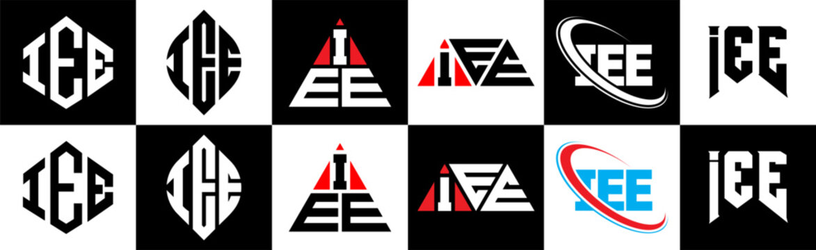 IEE letter logo design in six style. IEE polygon, circle, triangle, hexagon, flat and simple style with black and white color variation letter logo set in one artboard. IEE minimalist and classic logo