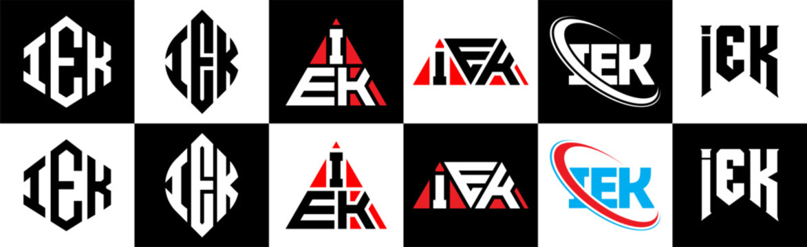 IEK letter logo design in six style. IEK polygon, circle, triangle, hexagon, flat and simple style with black and white color variation letter logo set in one artboard. IEK minimalist and classic logo
