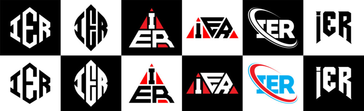 IER letter logo design in six style. IER polygon, circle, triangle, hexagon, flat and simple style with black and white color variation letter logo set in one artboard. IER minimalist and classic logo