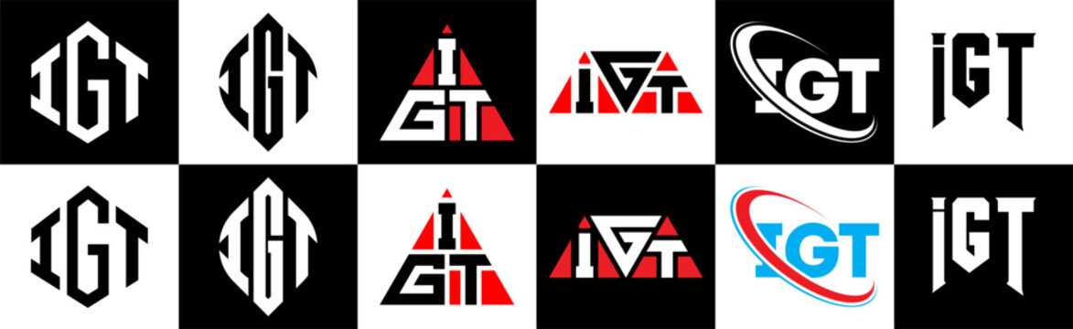 IGT letter logo design in six style. IGT polygon, circle, triangle, hexagon, flat and simple style with black and white color variation letter logo set in one artboard. IGT minimalist and classic logo