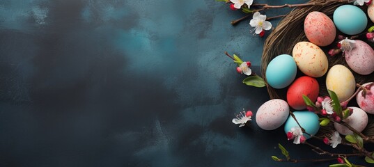 Colorful Easter eggs and blossoms with free copy space on dark backdrop for festive celebration